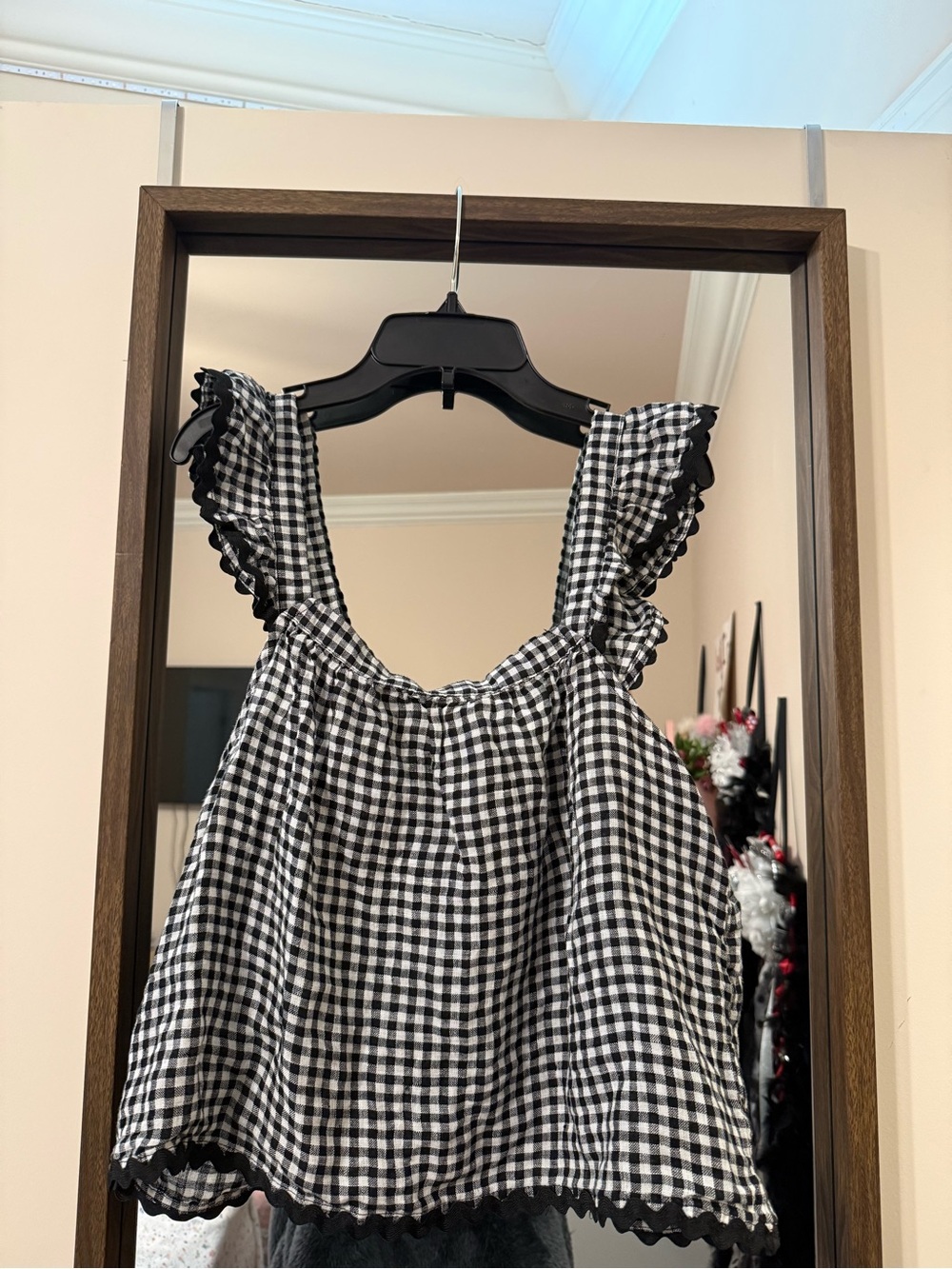 Black & White Gingham Ruffle Strap Tank